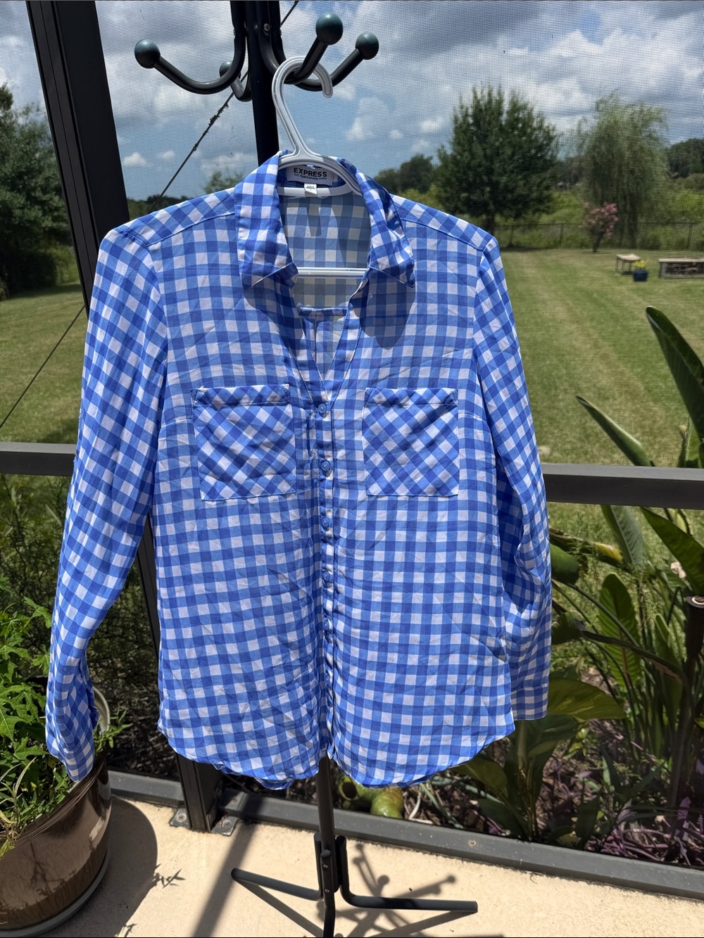 Express Portofino Blue and White checked Button-Front Shirt